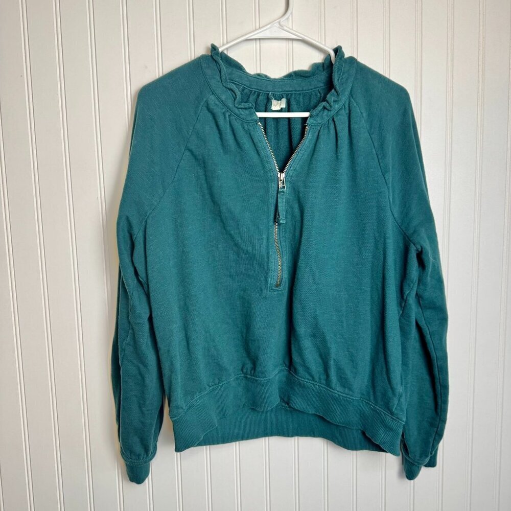Anthropologie Pilcro Teal Puff Sleeve Half Zip Pullover Size Medium L42 - Picture 2 of 5